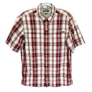Eddie Bauer Travex Shirt Mens Medium Red Cream Plaid Button Front Short Sleeve
